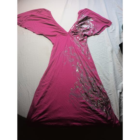 Y2K Vintage Lipgloss Batwing Midi Dress Bodycon Deep V Women Small Pink - Picture 1 of 4